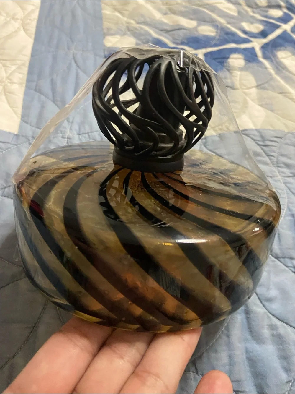 LA-TEE-DA Amber Black Swirly Striped Fragrance Glass EFFUSION OIL LAMP